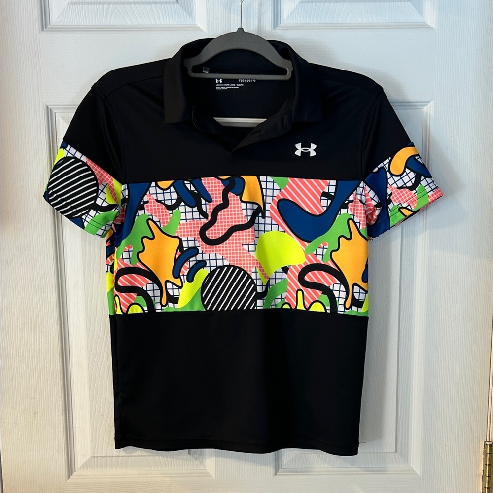 Under Armour Boy’s Black Polo with Vibrant Multicolor Pattern